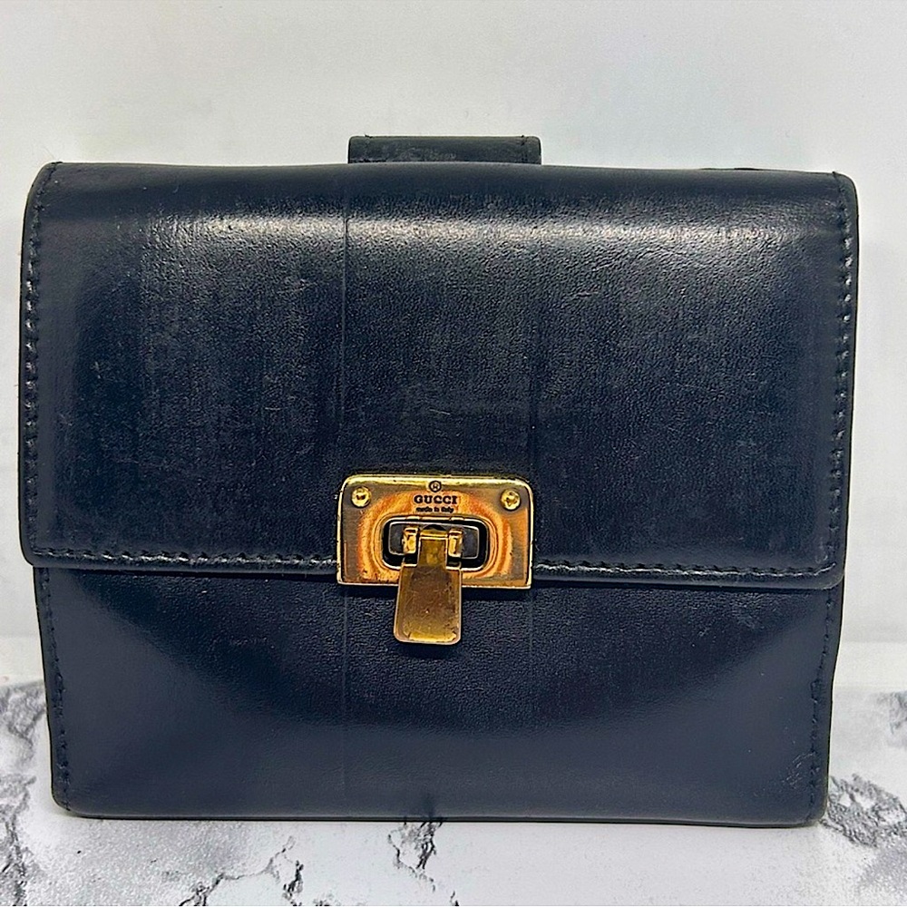 Gucci Black Leather Wallet with Gold Clasp
